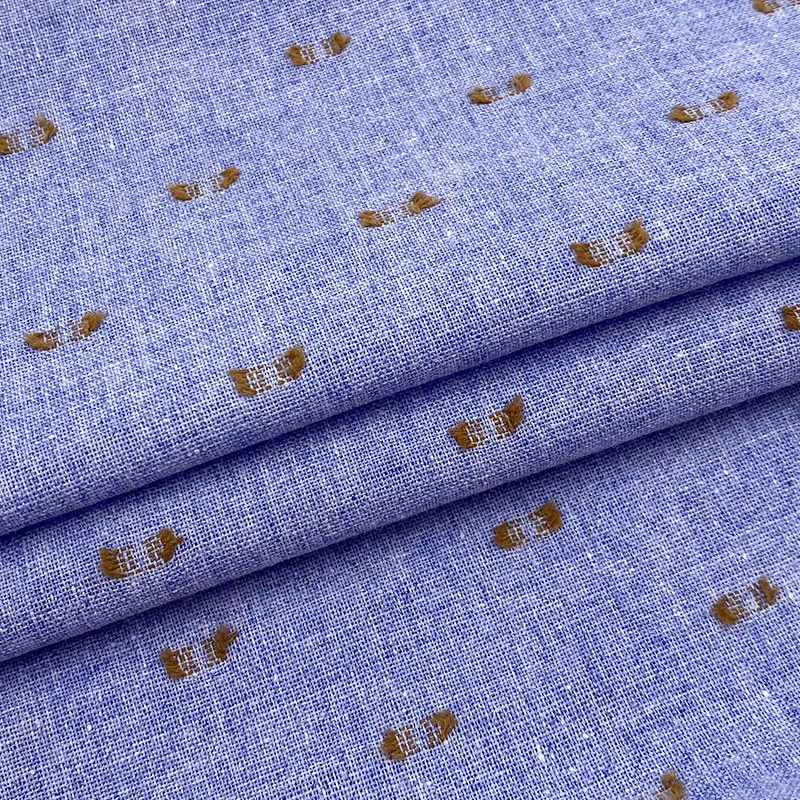 SS2024 men shirt woven plumetis cutting motif yarn dyed denim blue colors 50% cotton 40% poly 10% linen blended fabric