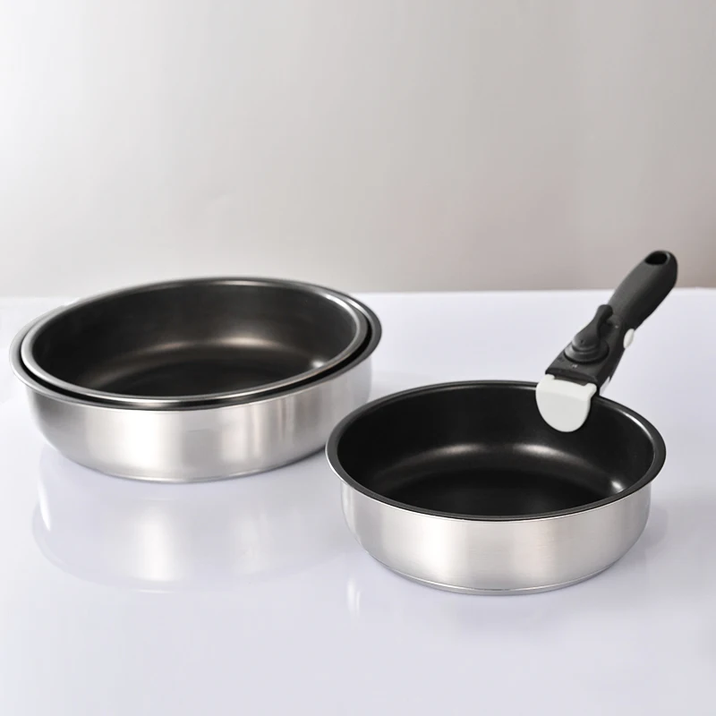 Stainless steel 18/8 food grade non-stick frying wok pan custom logo nonstick pot pan set with removable handle