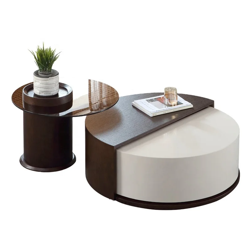 High Quality Modern Design Round Glass Swivel  Black and Beige Color Tea Table Set Chinese Coffee Table For Hotel
