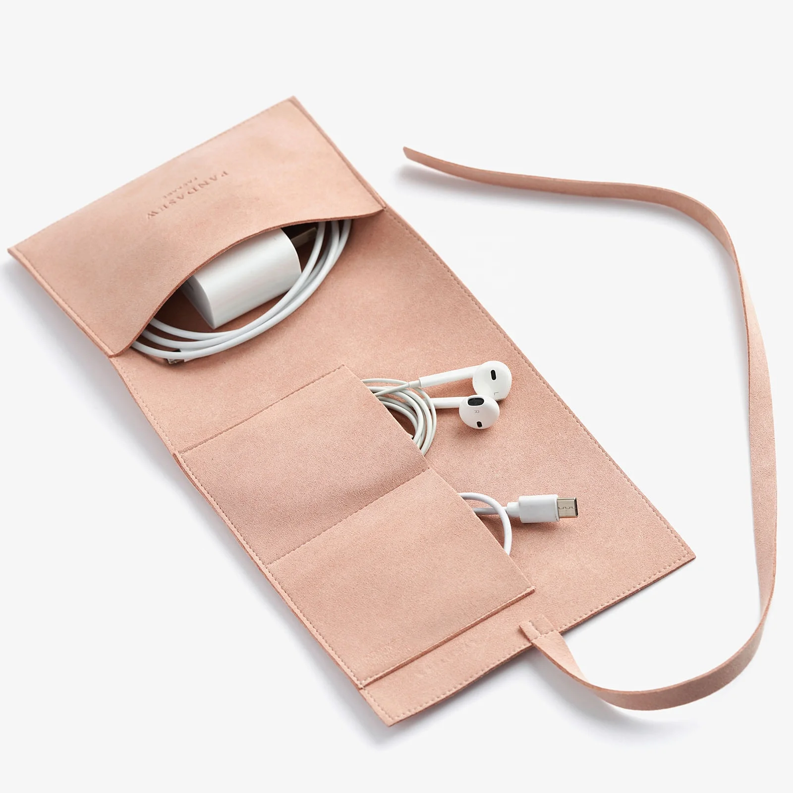 PandaSew Custom Logo 14mm Microfiber Electronics Cable Organizer Roll Up Case Travel Pouch for USB Cable,Phone Charger,Earphone