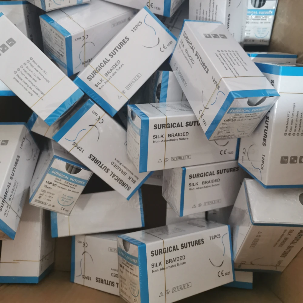 non-absorbable surgical braided multifilament black silk suture with cutting edge needle