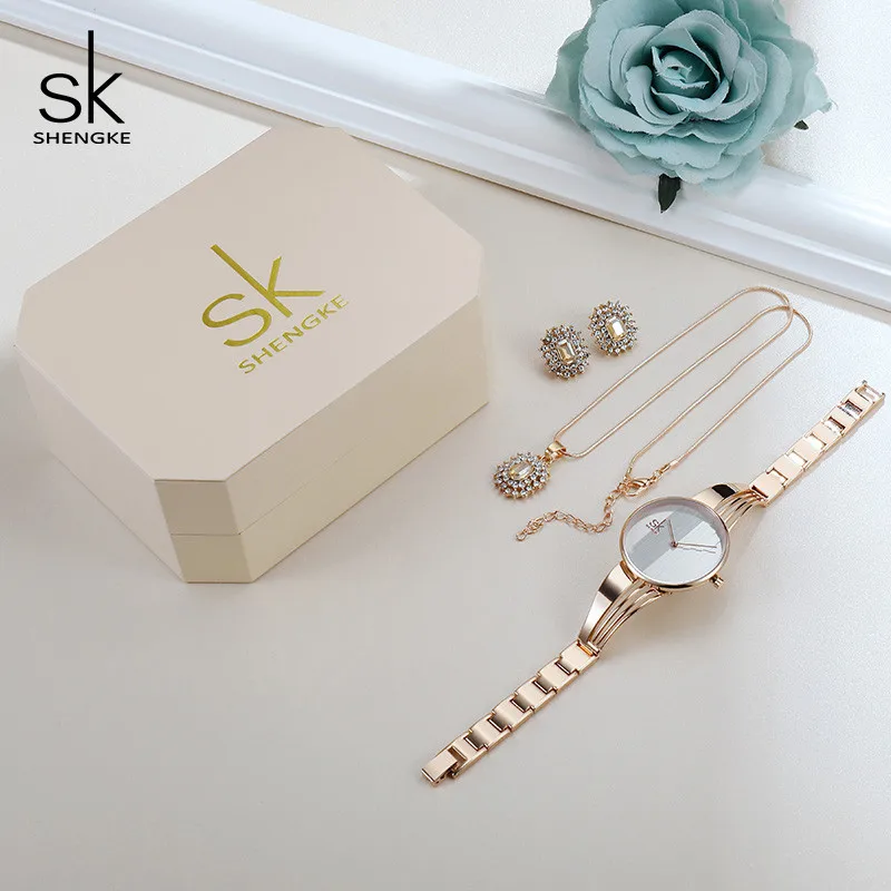 Shengke Rose Gold Watches Women Set Luxury Crystal Earrings Necklace Watches Set SK Ladies Quartz Watch Gifts For Women