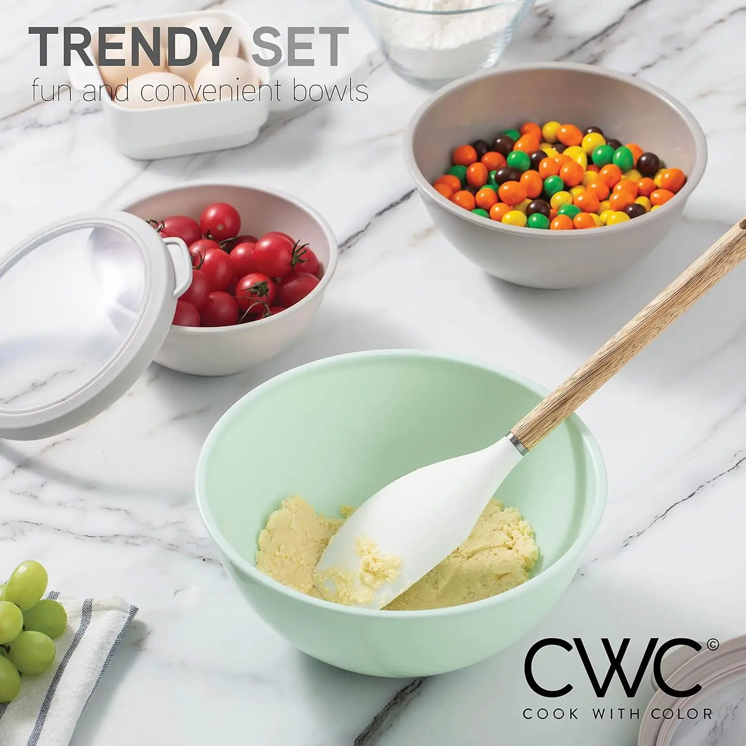 Mixing Bowls with TPR Lids 12 Piece Plastic Nesting Bowls Set includes 6 Prep Bowls and 6 Lids Microwave Safe