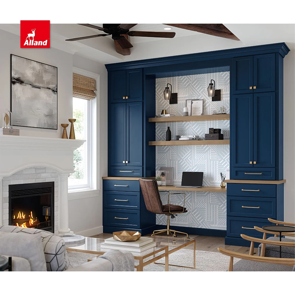 AllandCabinet Good Price Custom Blue Painted Nature Wood Maple Office Furniture Cabinets with Shaker Recessed Panel Open Shelves