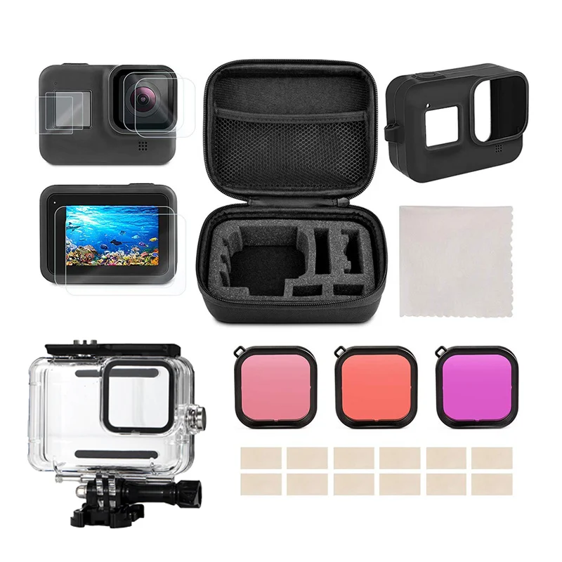 Hot Selling GoPro Hero 9/10 Accessories Silicone Case Waterproof Case Tempered Glass Screen Protector Anti-fog Plug-in