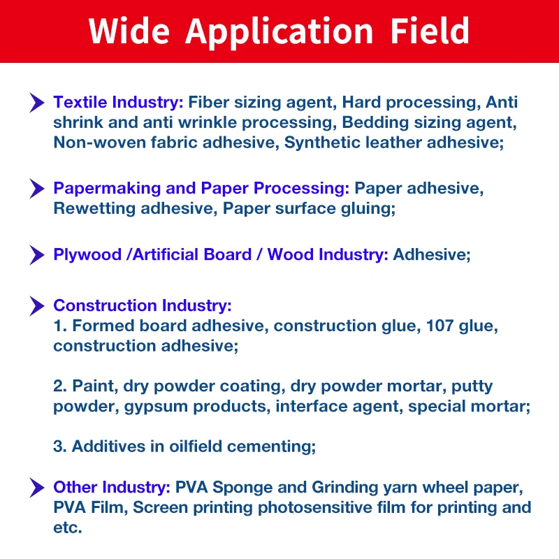 Polyvinyl Alcohol PVA 17-99 White Powder Or Flakes PVA For Textile Fiber Warp Sizing Agent or Resin or Paper Adhesive