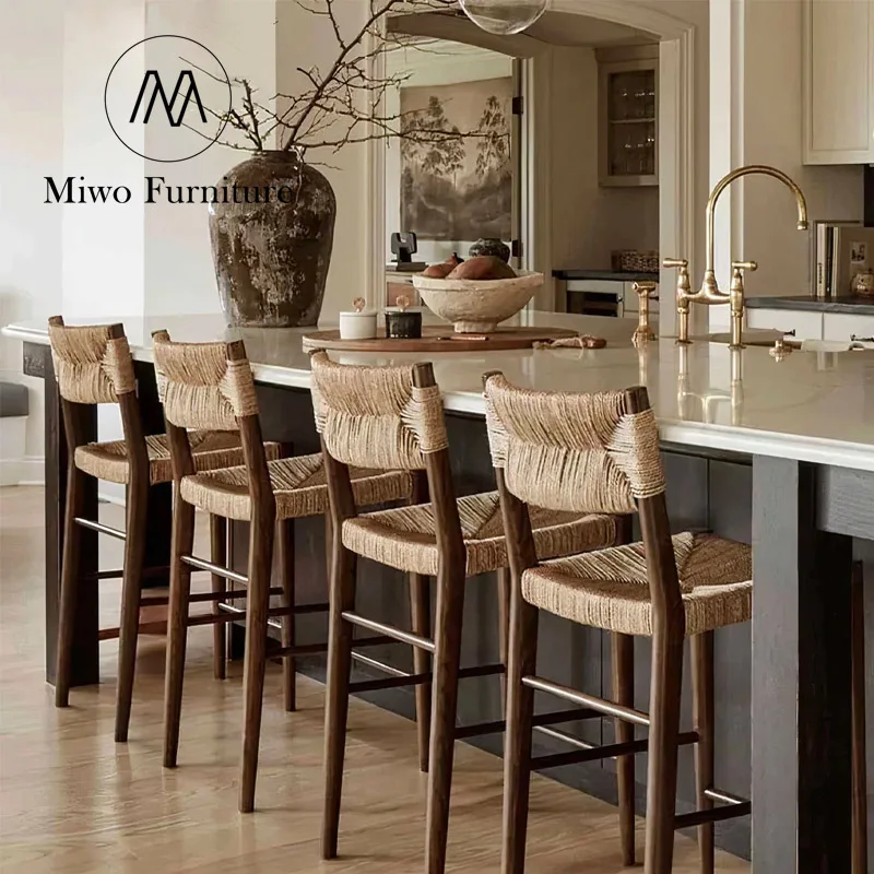 Midcentury kitchen Vintage Grass Rattan Chair Designer Weaving Rattan antique Bar Chair Household  Wooden Vine counter bar stool