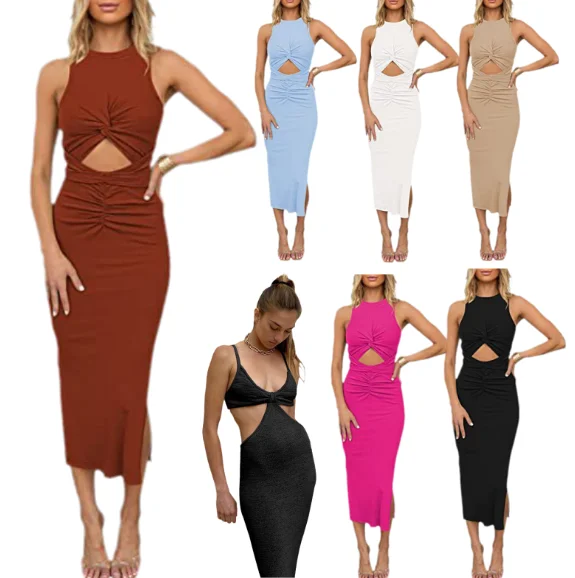 Summer Sleeveless Backless Hollow Out V Neck Sexy Dresses Party Evening Casual Women dress
