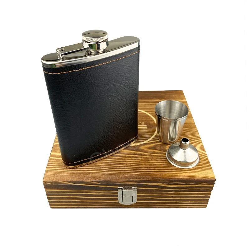 Высококачественная плоская фляжка для виски, ликера, 8 унций, в деревянной коробке, подарочный набор для мужчин, черный чехол из искусственной кожи, 2 чашки и воронка, плоская фляжка