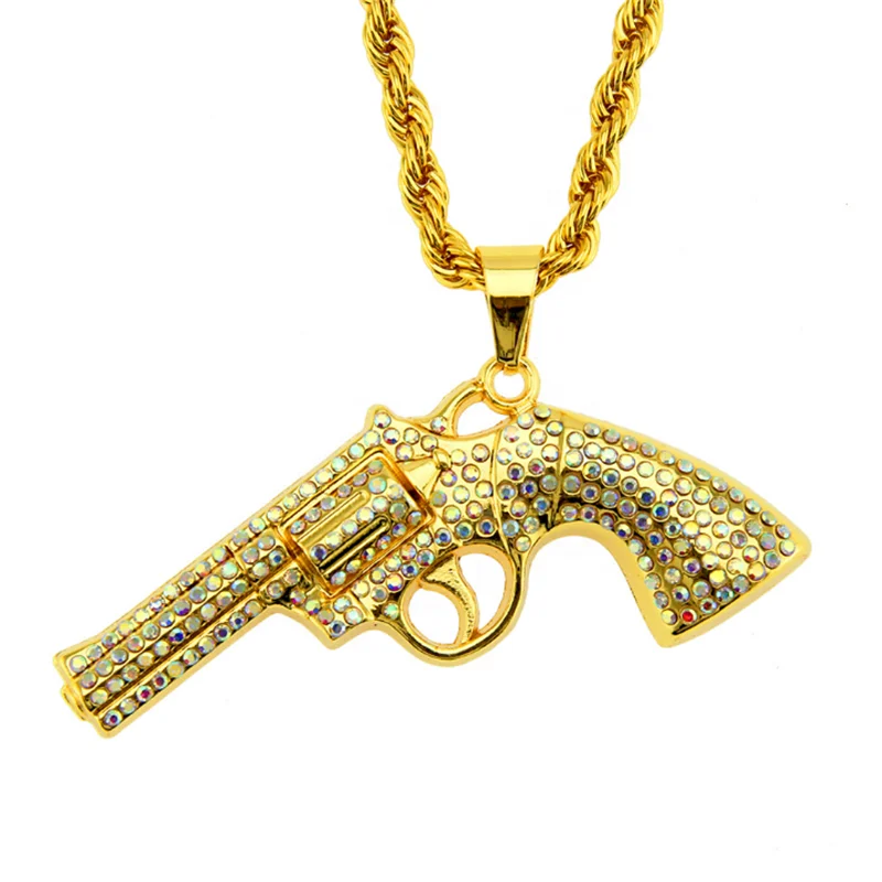  Hip hop twist chain with alloy and diamond pistol pendant