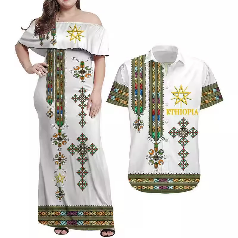 Wholesale Traditional Habesha Dress Custom Ethiopian Combination Dress Button Hawaiian T-shirt Tibeb Basic Style Couple Set
