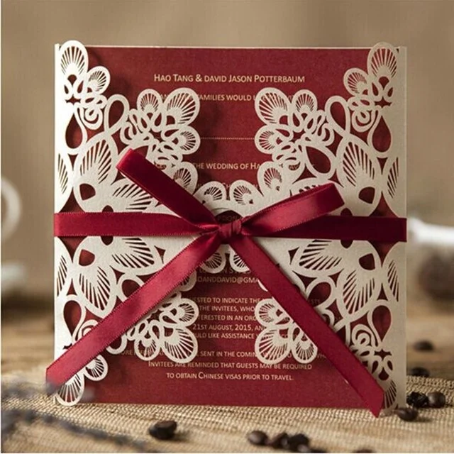 Customized wine red theme hollow paper cutting paper crafts with custom colors ribbon wedding invitations  cards