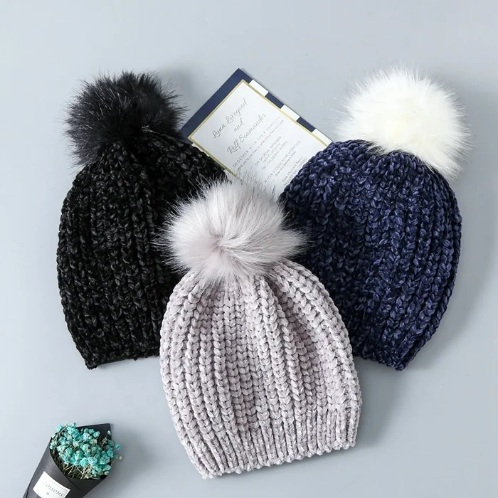 real factory made High Quality chenille winter hat women beanie with pompom for women girls female