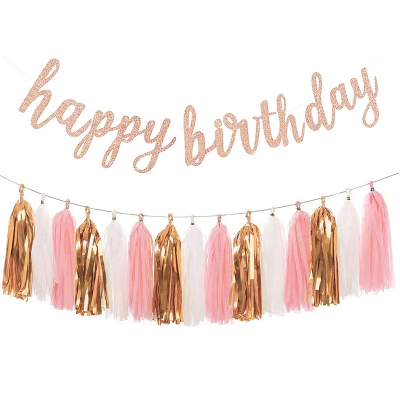 
Розовые золотые баннеры на день рождения с бумажными кисточками 