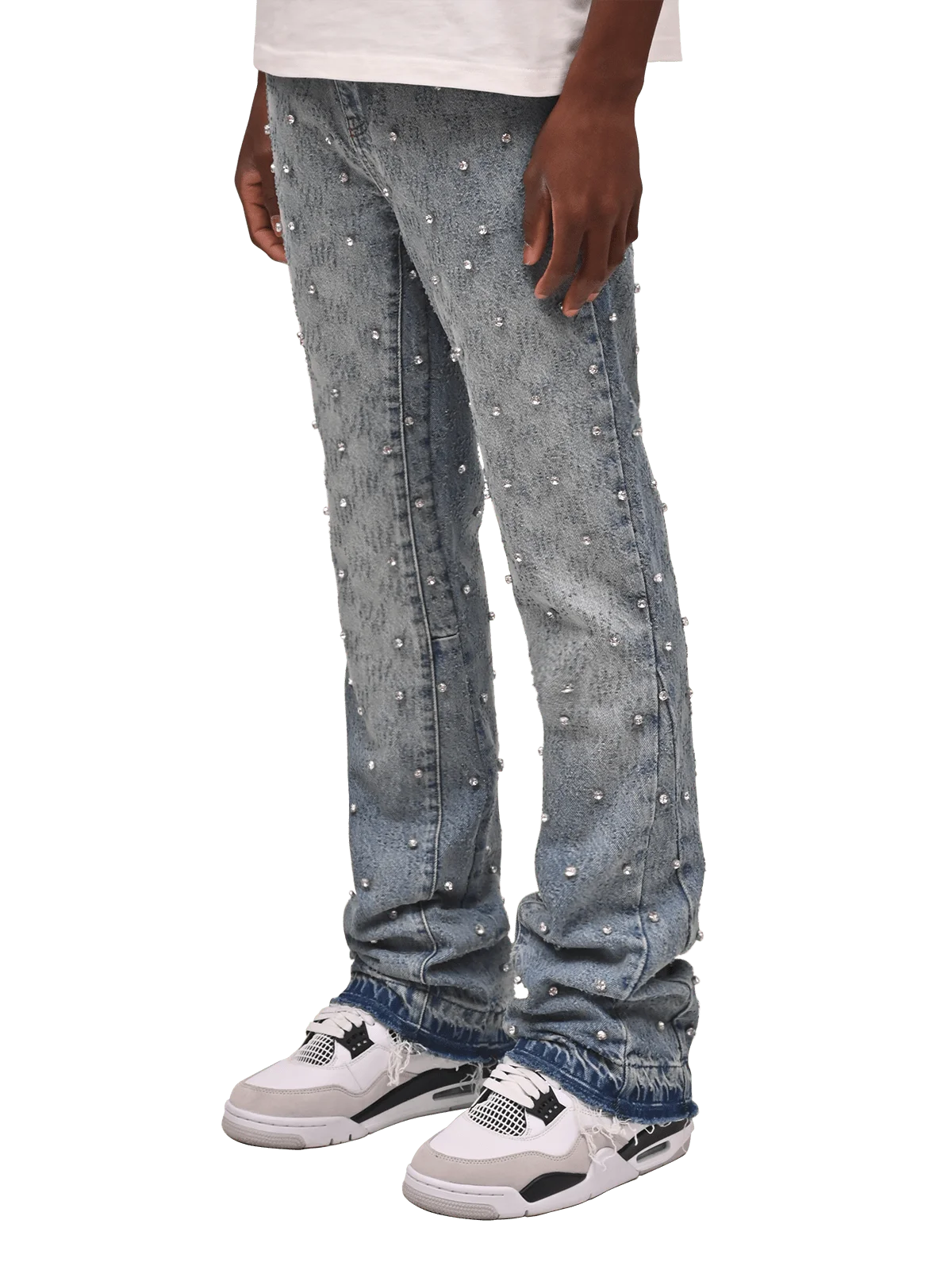 Wholesale high quality   customized rhinestone flared denim  light  stone  vintage inspired denim bell bottom zipper fly jeans