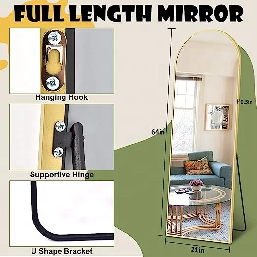 Manufacturer direct large full body dressing mirror wall mounted arched gold black aluminum frame floor mirror with stand