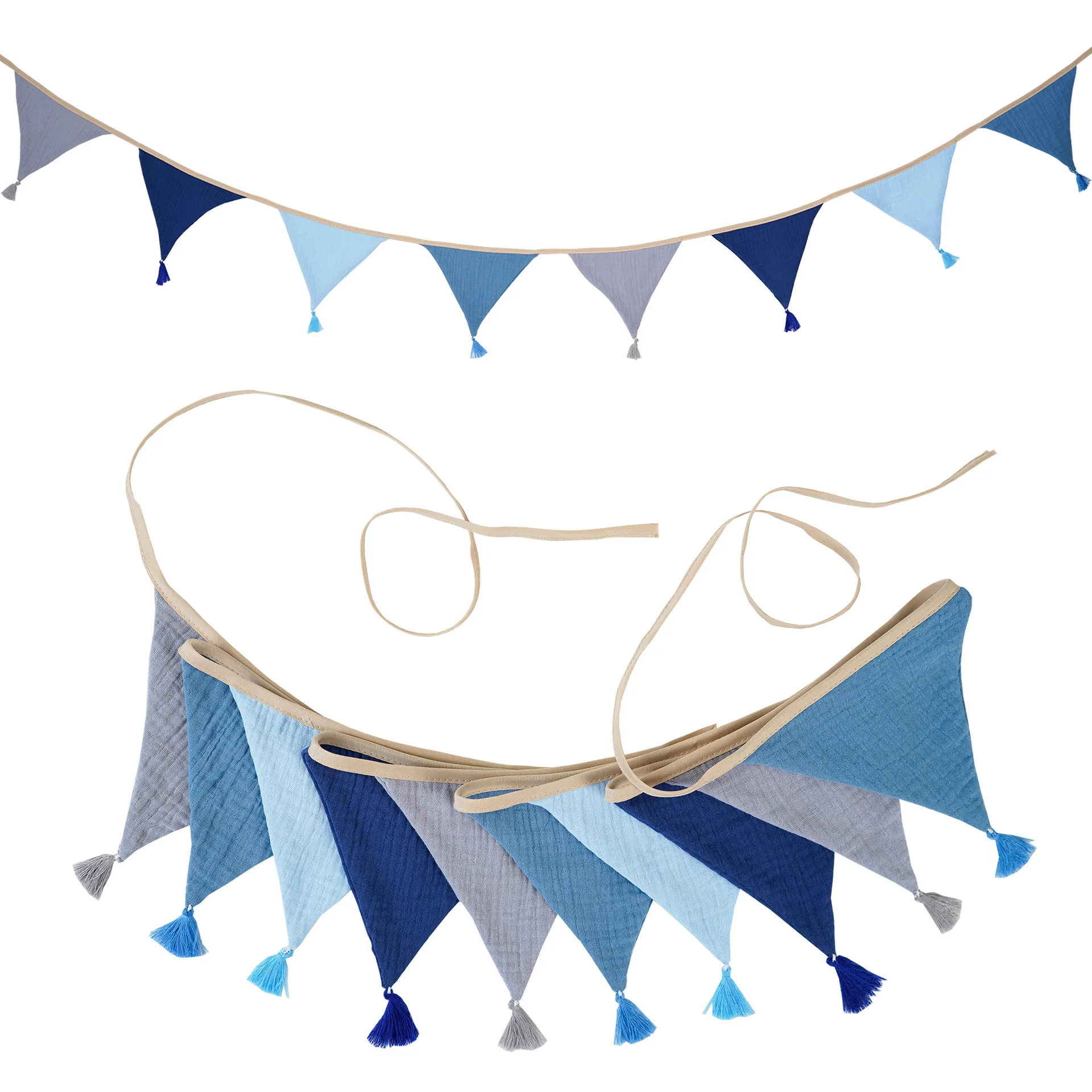 12 PCS  Fringed Burlap Banner Burlap Triangle Pennant Flag  Cotton Muslin Gauze Bunting Garland Streamers for Baby Shower