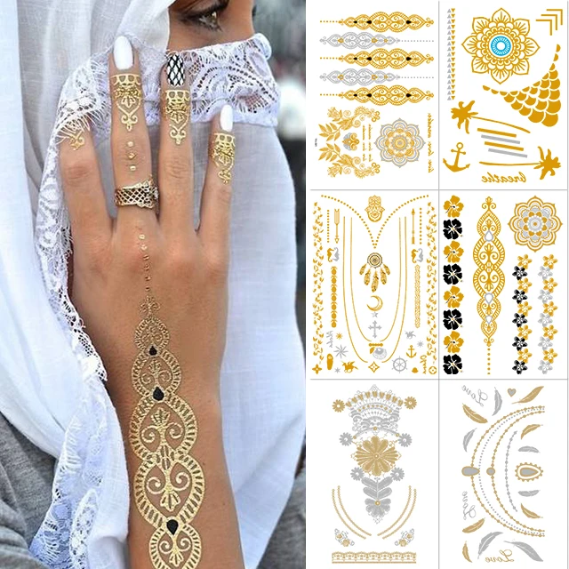 Factory Custom Metallic Gold  Silver Henna Temporary Tattoos Foil Henna Tattoo Stickers