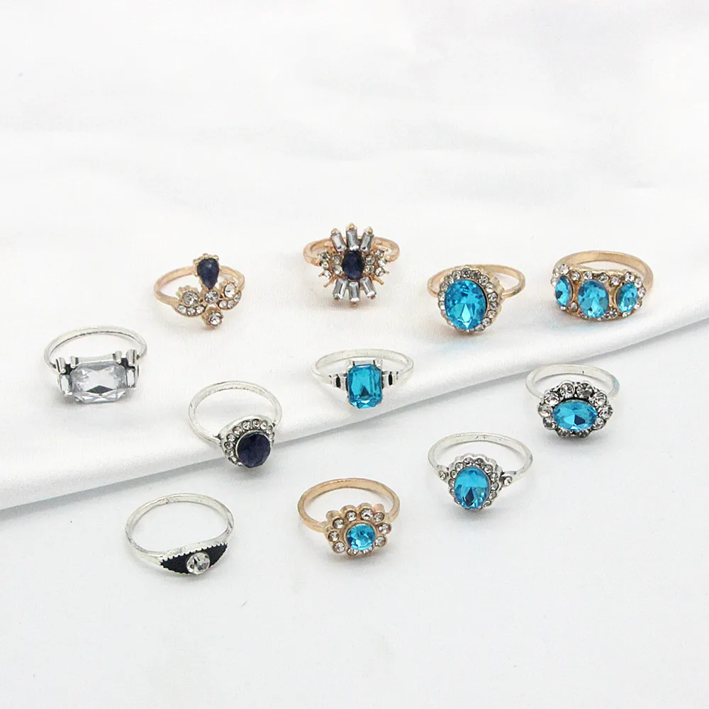 Aug jewelry wholesale 11-piece set ring gold and silver two-color exaggerated diamond sapphire zircon retro joint ring