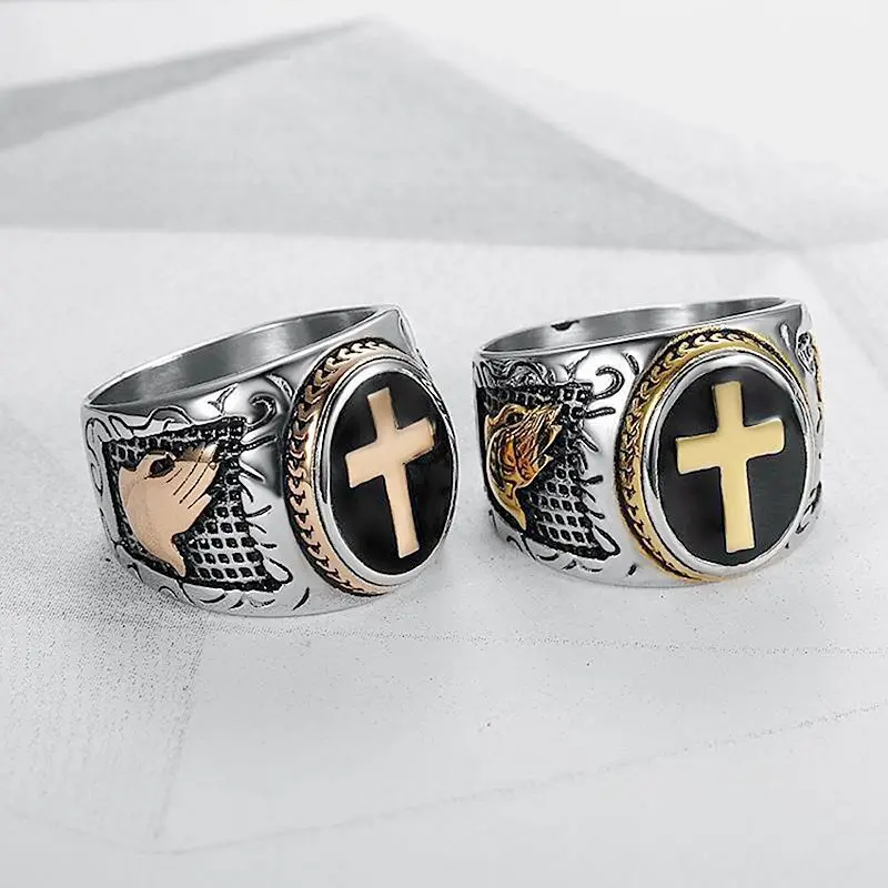 New Fashion Titanium Steel Mens Catholic Religious Christian Prayer Cross Finger Ring Gold Plated jewelry
