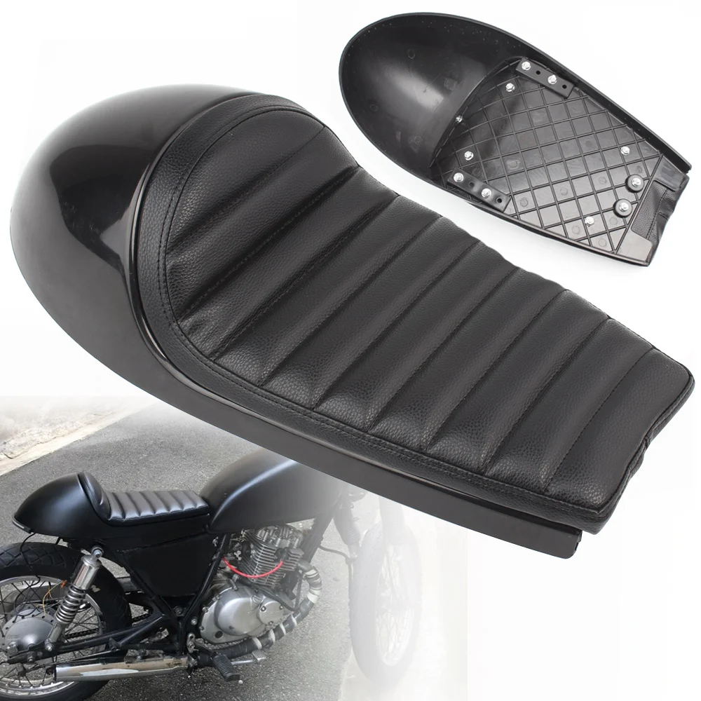 Universal Motorcycle Cafe Racer Seat Vintage Hump Saddle Flat Pan Motorbike Retro Cushion Black Driver Passenger Seat