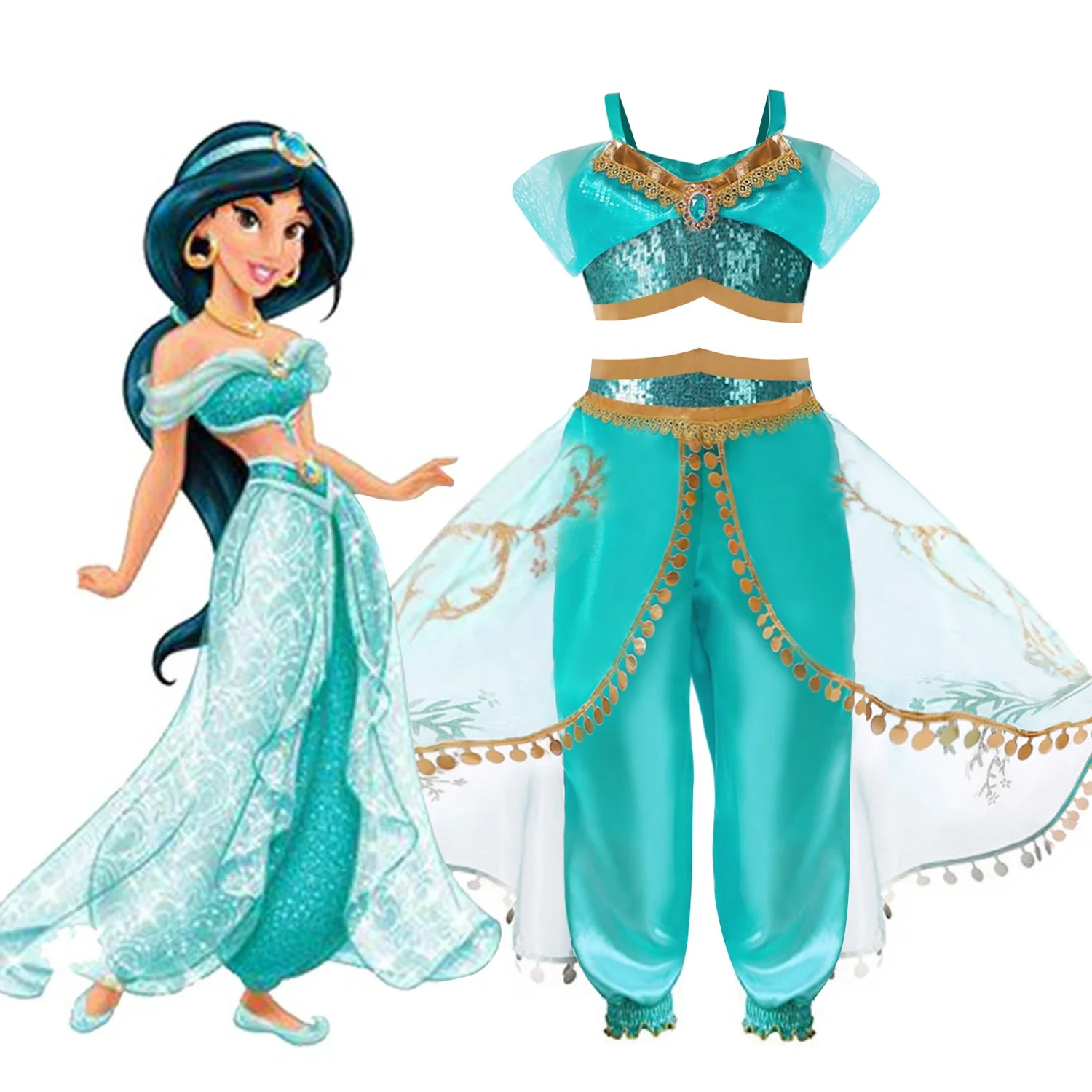 
Aladdin Cartoon Cosplay Costume Sequin Top And Sadin Pants 2-Piece Suit Princess Jasmine Clothing 