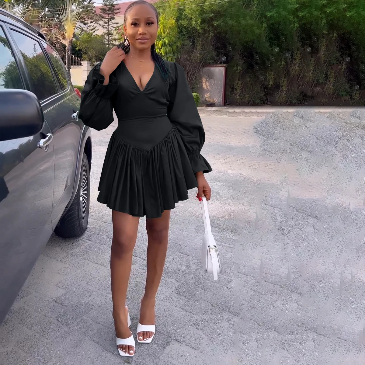 Boutique Spring Women Short Dresses Long Puff Sleeve V Neck Pleated Streetwear Clothes For Ladies Sexy Mini Dress