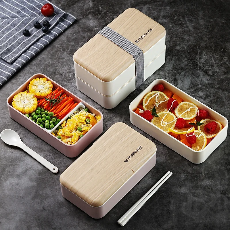 Multi-functional Wooden Double Layer Plastic Lunch Box With Tableware Container Storage Portable Adult Kitchen Durable Lunch Box
