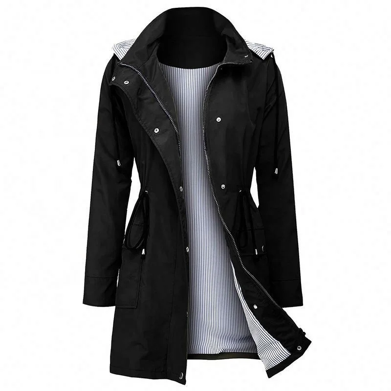 Factory Casual Hooded Collect Waist Rainwear Ms Long Windbreaker Rain Jacket In Women Trench Coat