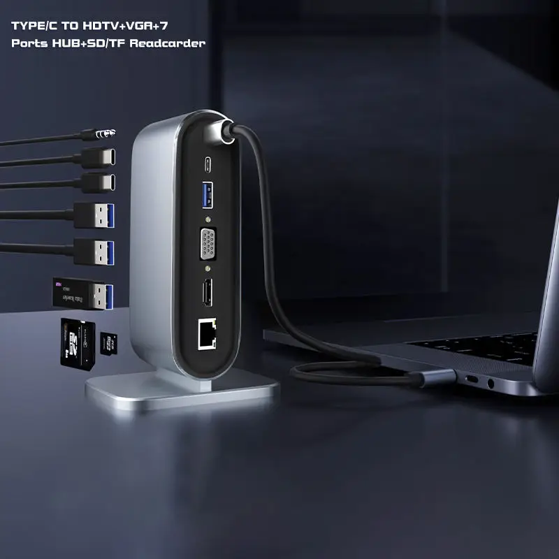 12 in 1 Multifunctional Smart Type C Docking Station HDTV+VGA+RJ45+SD+TF+Audio 3.5mm+USB3.0*1+USB2.0*3+USB C*4 Type C USB HUB