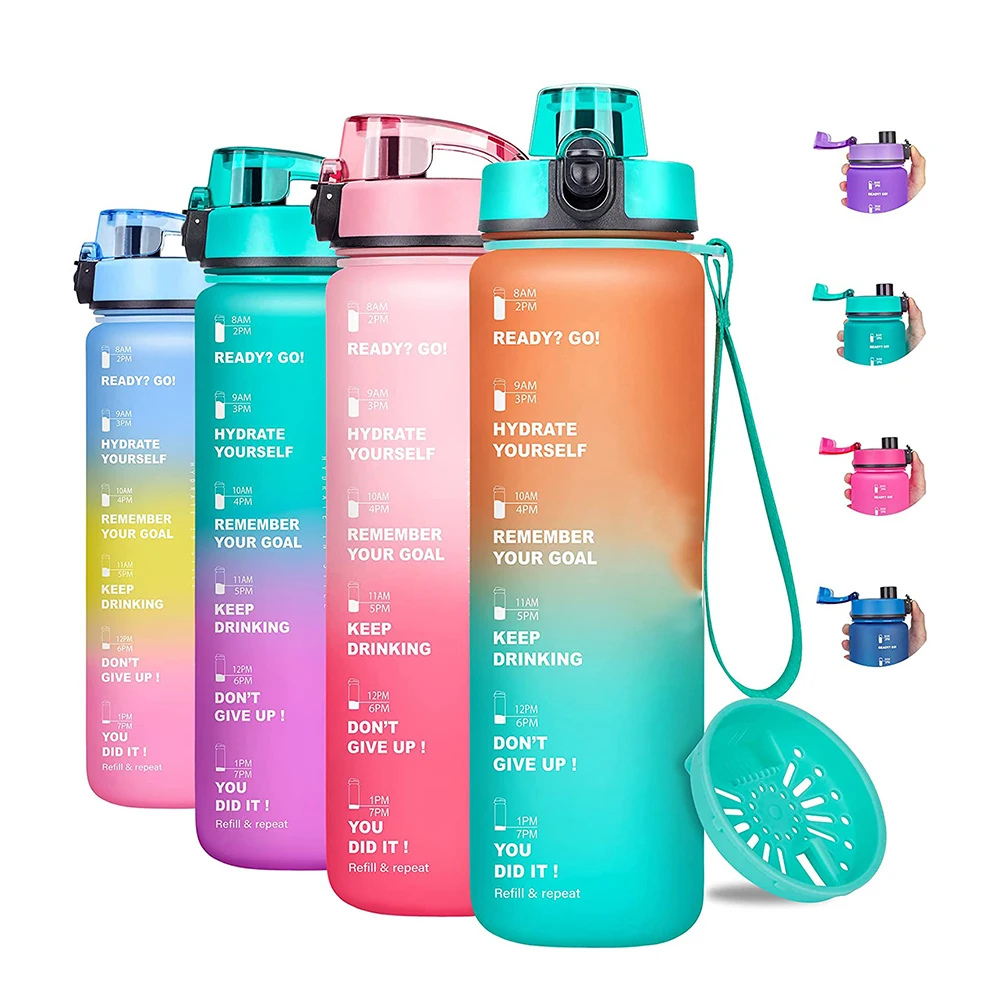 32oz Motivational Water Bottle with Times & Removable Strainer to drink, Reusable Leak-proof BPA Free Sports Water Jug to Remind