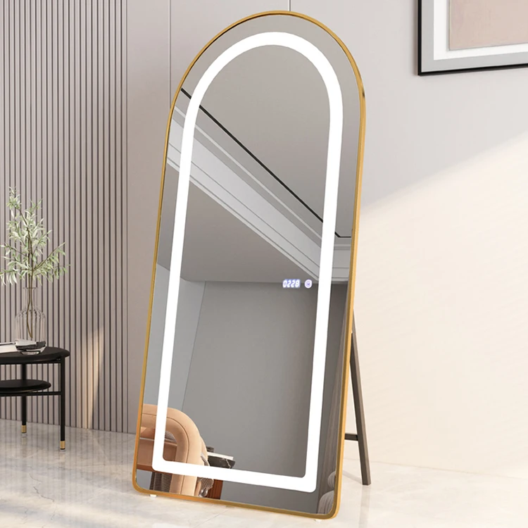 wholesale custom large arched shape smart anti-fog mirror freestanding hairdressing full length floor mirror with led light