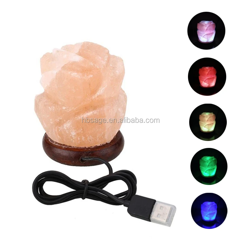Rose USB Himalayan Crystal Salt Lamp with Wooden Base In Multiple Colors