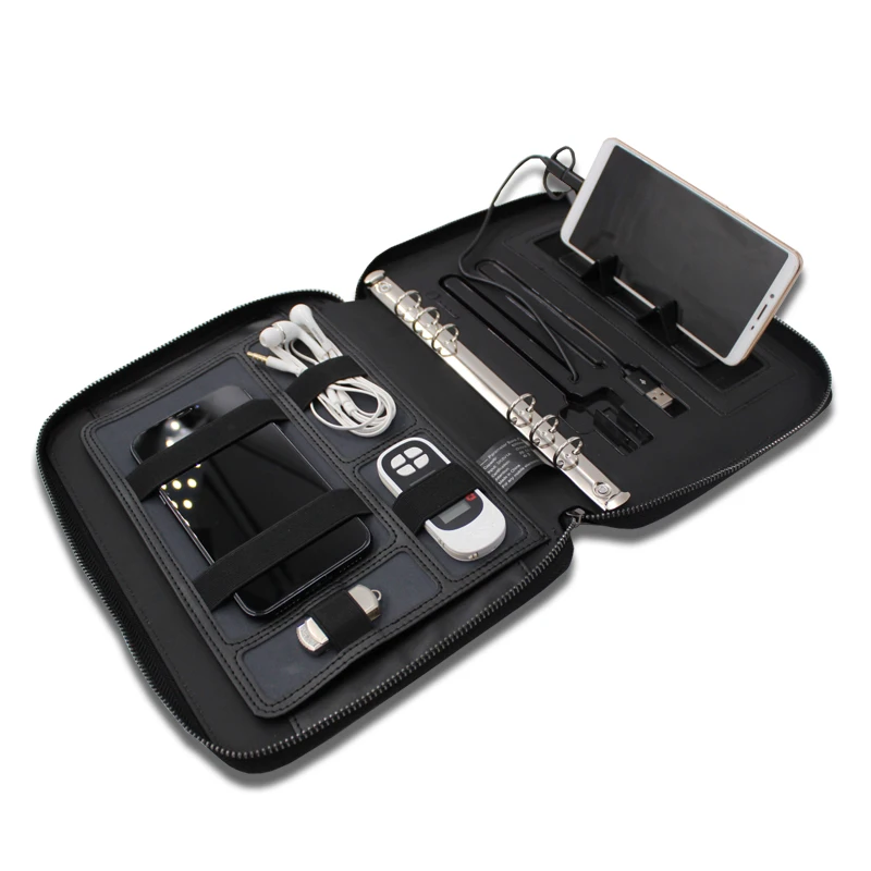 Portfolio with Powerbank Zipper Phone Stand Holder Customized Leather Notebooks 2024 New Arrival A5 PU Leather Spiral 80 Sheets
