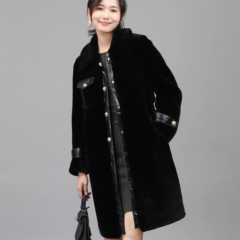 wholesale winter long  real fur hand make black women sheep fur coat with  square collar