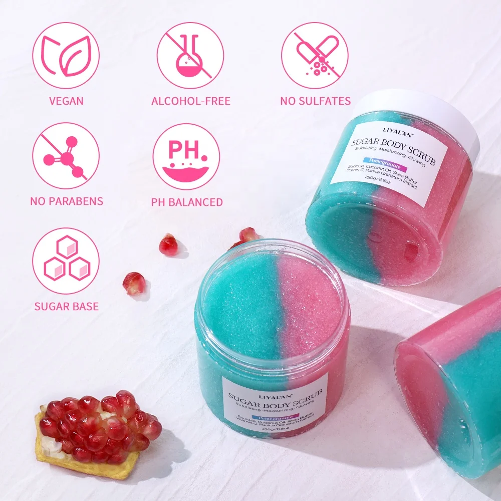 Custom Logo Skin Care Whitening Exfoliating Natural Organic Fruit Pomegranate Body Sugar Scrub