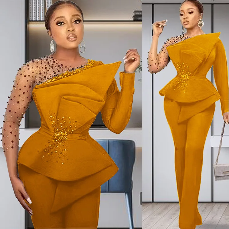 Fashion Elegant Plus Size Solid Color Mesh Stitching Bead Outfits for Women Wide Leg Pants Formal Suit Two Piece  Women