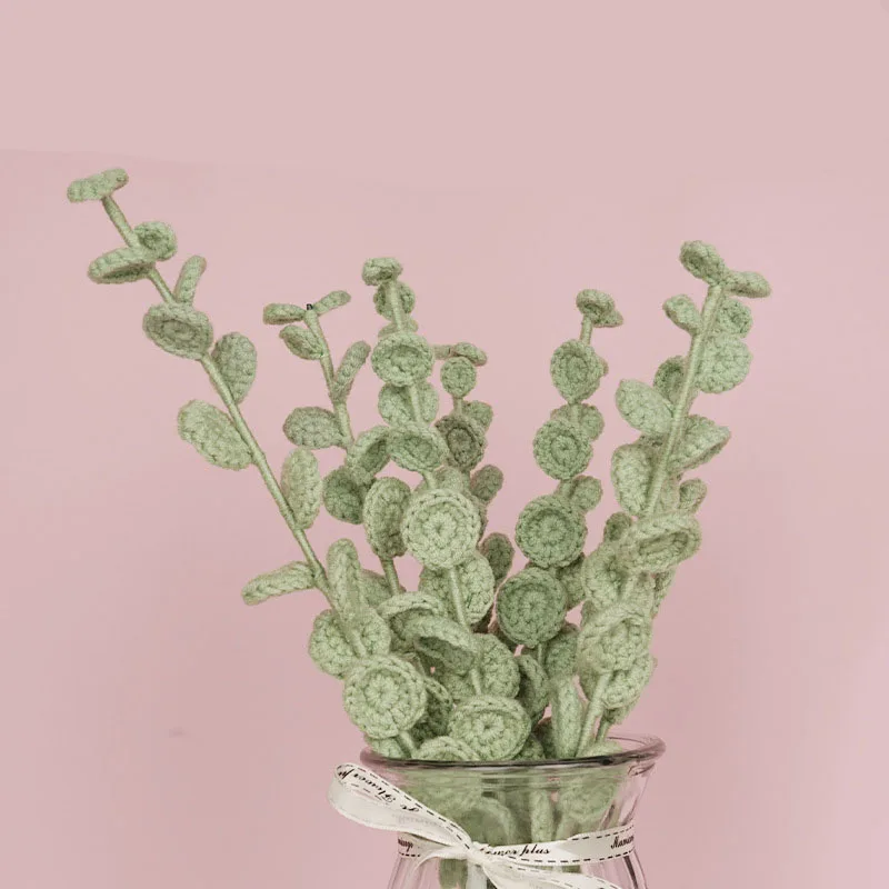 Floral Arrangement Handmade Knitted Greenery Plant Artificial Crochet Green Eucalyptus Leaves For Home Decoration