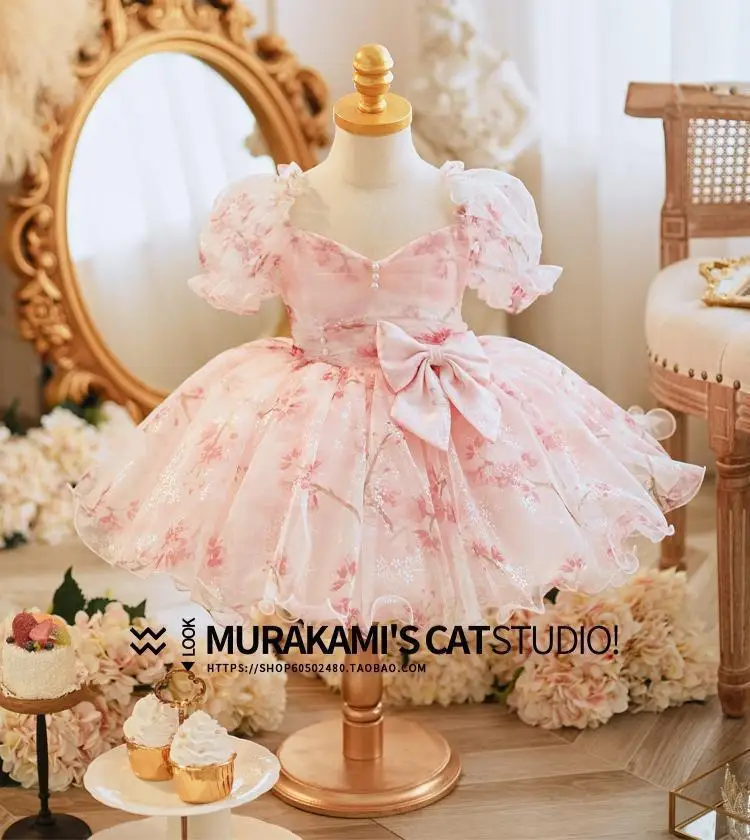 2024 Princess pink flower dresses for Baby Girls Birthday Wedding tulle dress frock clothing wholesale