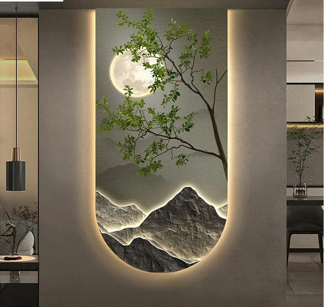 Light luxury night sky pine landscape crystal porcelain modern glass wall paintings with led home decor for living room