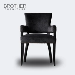 Black antique wood fabric cushion chair with armrest for dining room