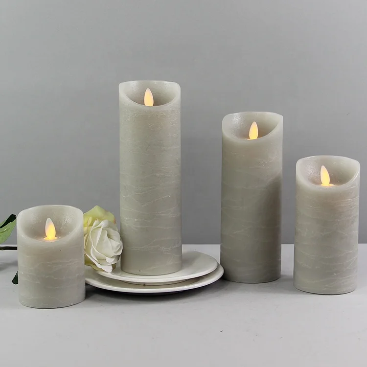 Set of 4 Grey Real Wax Distressed Finish Moving Wick LED Candles with Timer Religious