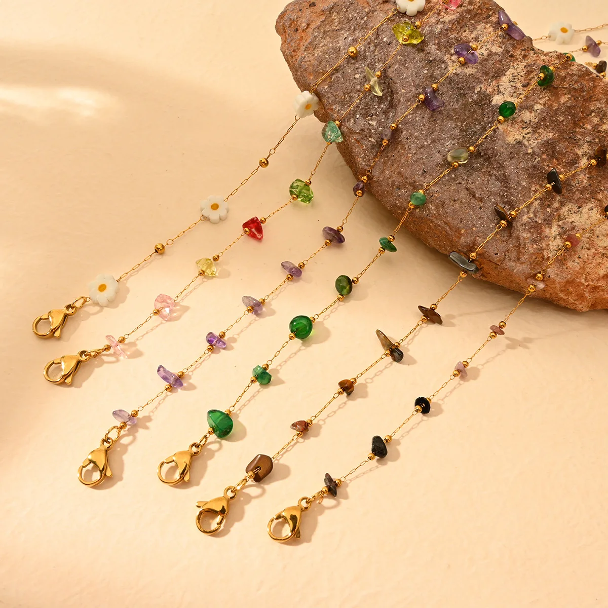 Fashion Classic Outdoor Beach Colorful Stone Chrysocolla Crystal Stainless Steel Beaded Amethyst Anklet