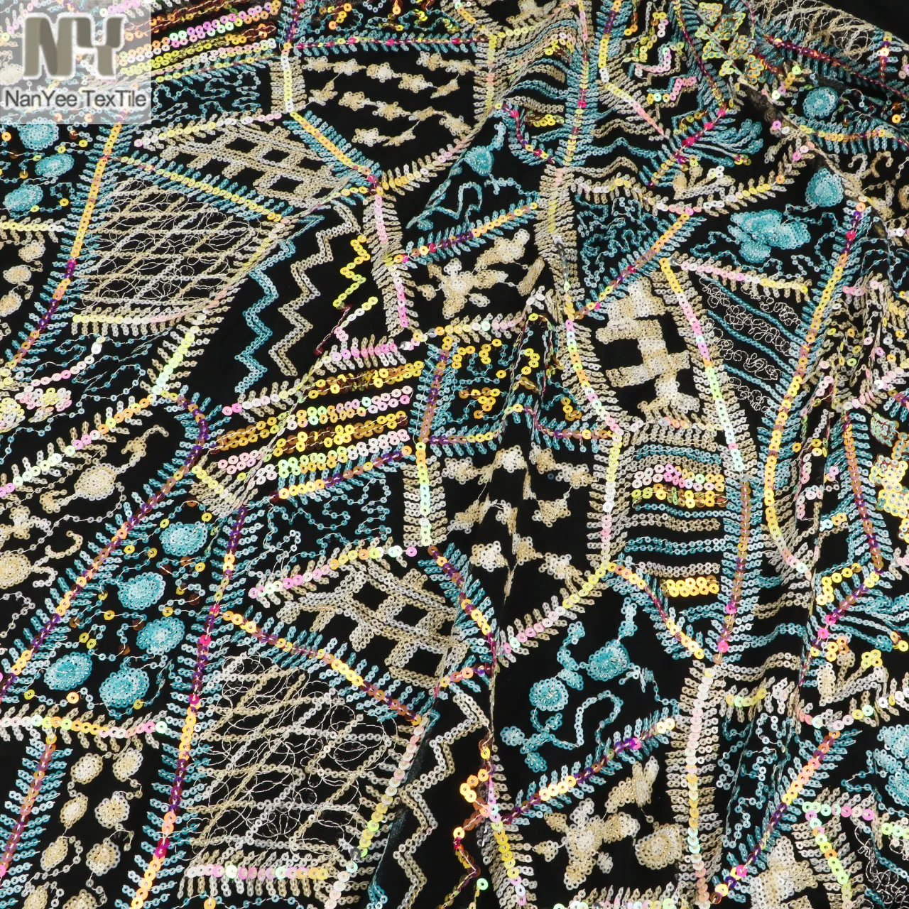 Nanyee Textile Ethnic Style Patchwork Bohemia Sequin Lace Fabric For Dress