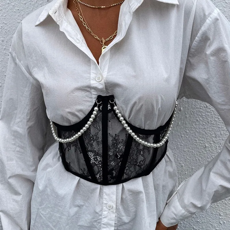 INS Tiktok HOT Lace Support Bust And Waistband Women Commuter Slimming Strappy Girdle with Pearl Chain