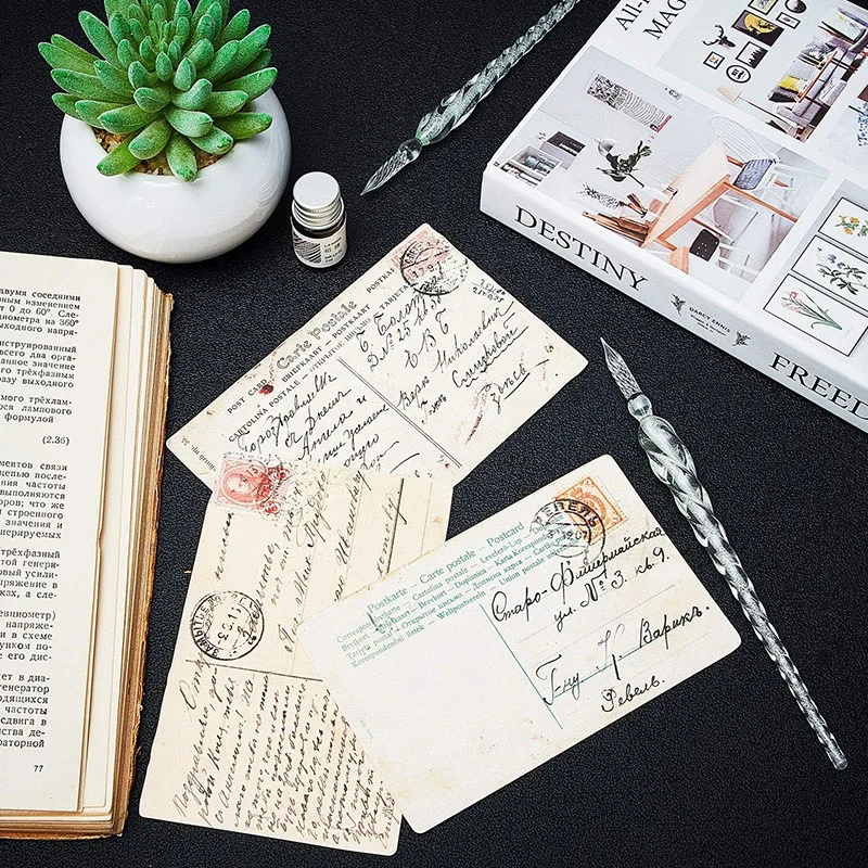 Meihui Art 13pcs Glass Dip Pen Crystal Pen Retro Carving Glass Pen for Signatures Gift Cards Writing Calligraphy