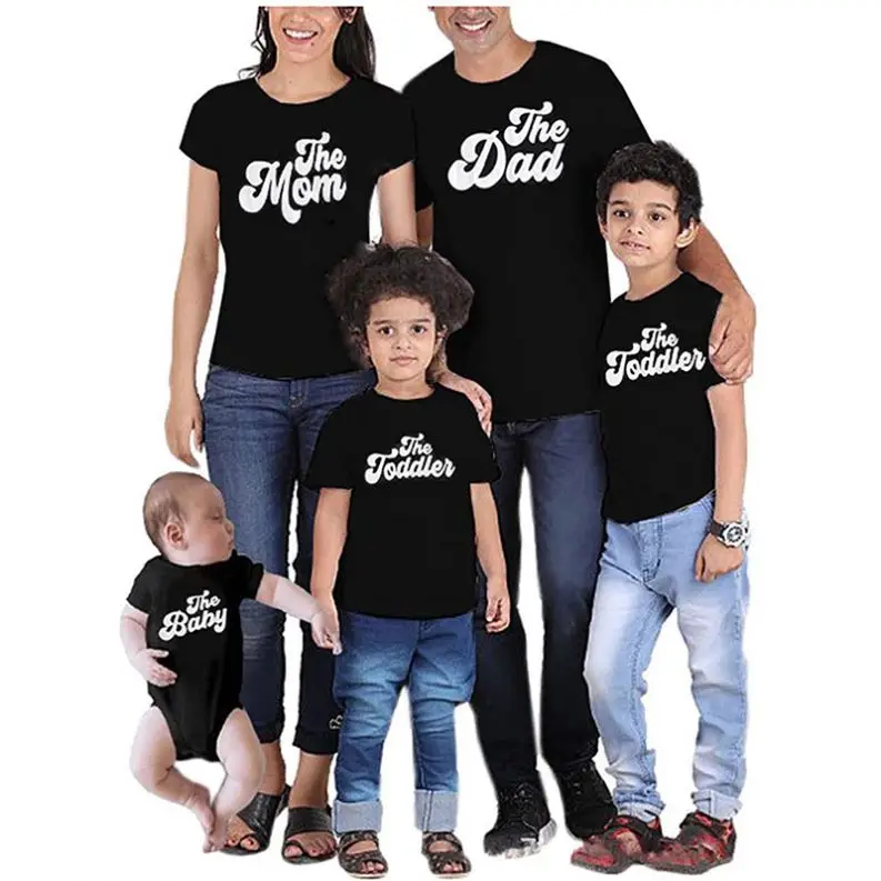 Wholesale custom 100% cotton family matching Logo Printed t-shirts casual wear outdoor black clothing