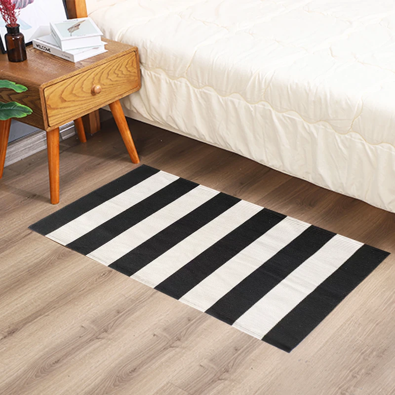 Black and White Indoor Outdoor Rug 5x8 Cotton Striped Modern Large Area Rug