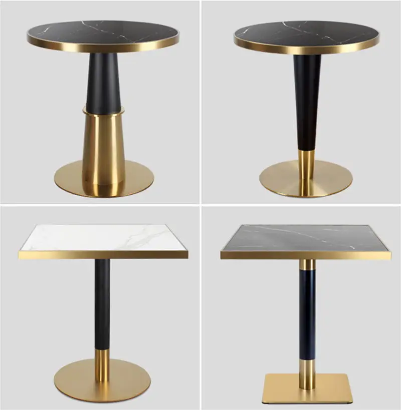 Elegant restaurant cafe shop use luxury marble slate top stainless steel round gold edge frame dining table set