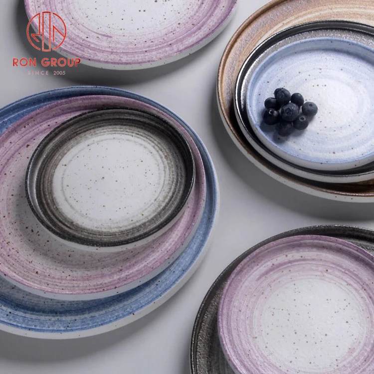 custom printed Round crockery flat wholesale hotel blue pink dining kitchen restaurant porcelain dinner ceramic plates dish set